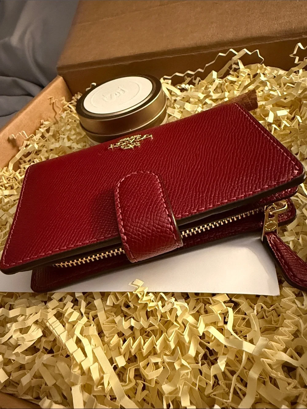 Coach Red Saffiano Leather Snap Wallet with Gold Logo